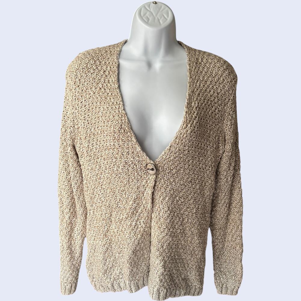 Small Cozy Shimmer Cardigan Beige Gold Metallic Knit Relaxed Y2K